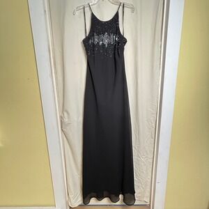 Cachet Vintage Black Beaded Sequin Halter Maxi Evening Gown Dress Size 12 40122